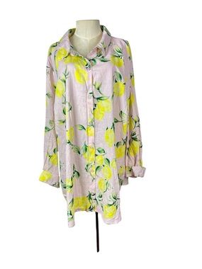 Belle Kim Gravel size 4X Pink Yellow Lemon Linen Blend Long Sleeve Button Up Top